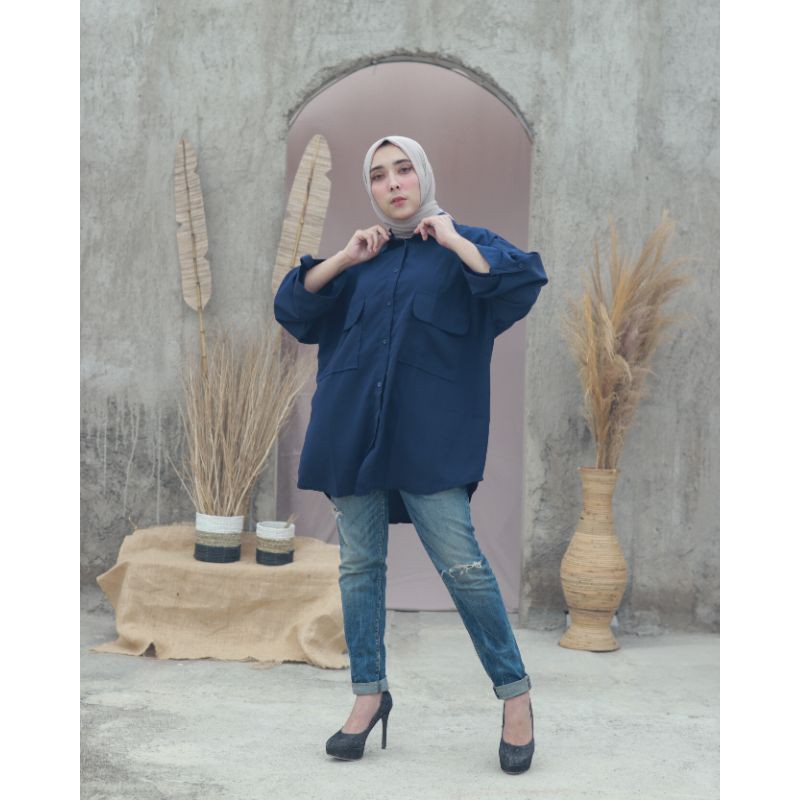 KEMEJA WANITA OVERSIZE POLOS K-2-Navy