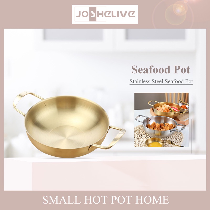 ღ Stainless Steel Makanan Laut Pot Emas Tebal Double Telinga Pan Kering Pot Hotpot Rumah Memasak Paella Pan Piknik Makanan Ringan Piring dapur Memasak Alat