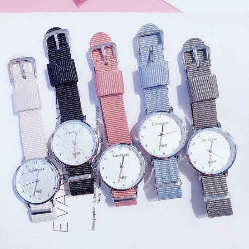 Jam Tangan Wanita Analog Quartz Casual Simple CandyCat Chic Strap Nylon Kanvas  Fashion Murah Jam Ce