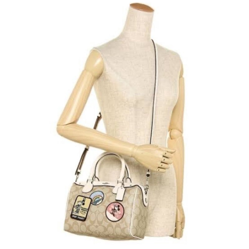 Coach Mini Bennett Satchel Signature Canvas With Minnie Mouse Patches Light Khaki Chalk(F29357)