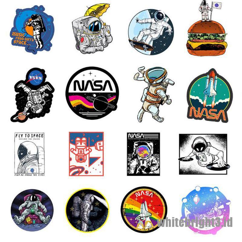 (White3) 50pcs Stiker Motif Kartun Astronot Klasik Anti Air