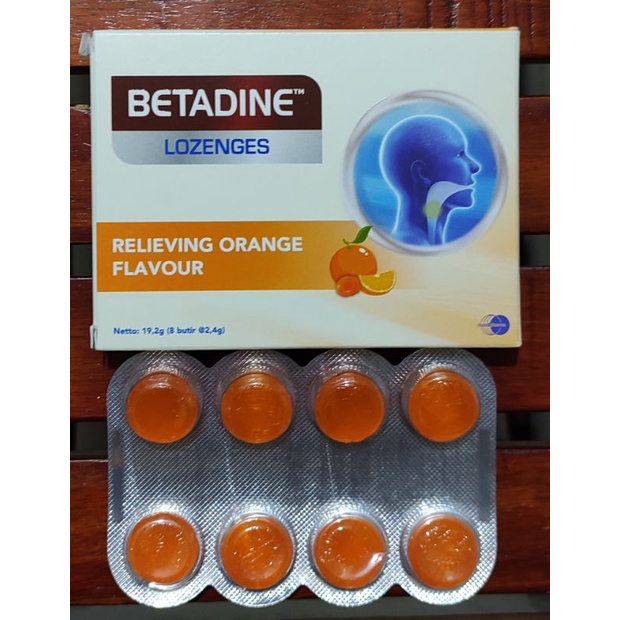 Betadine Lozenges Tablet Isap Isi 8 Butir / Rasa Menthol &amp; Eucalyptus / Rasa Orange / Pelega Tenggorokan