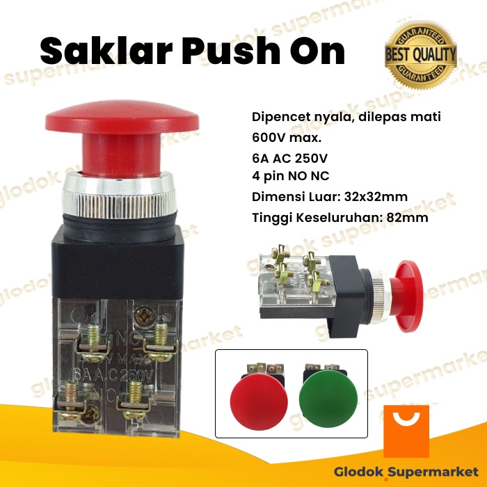 Saklar Push On Button 25mm Switch Tombol Reset Emergency Panel Jamur Spring Return Momentary PM25