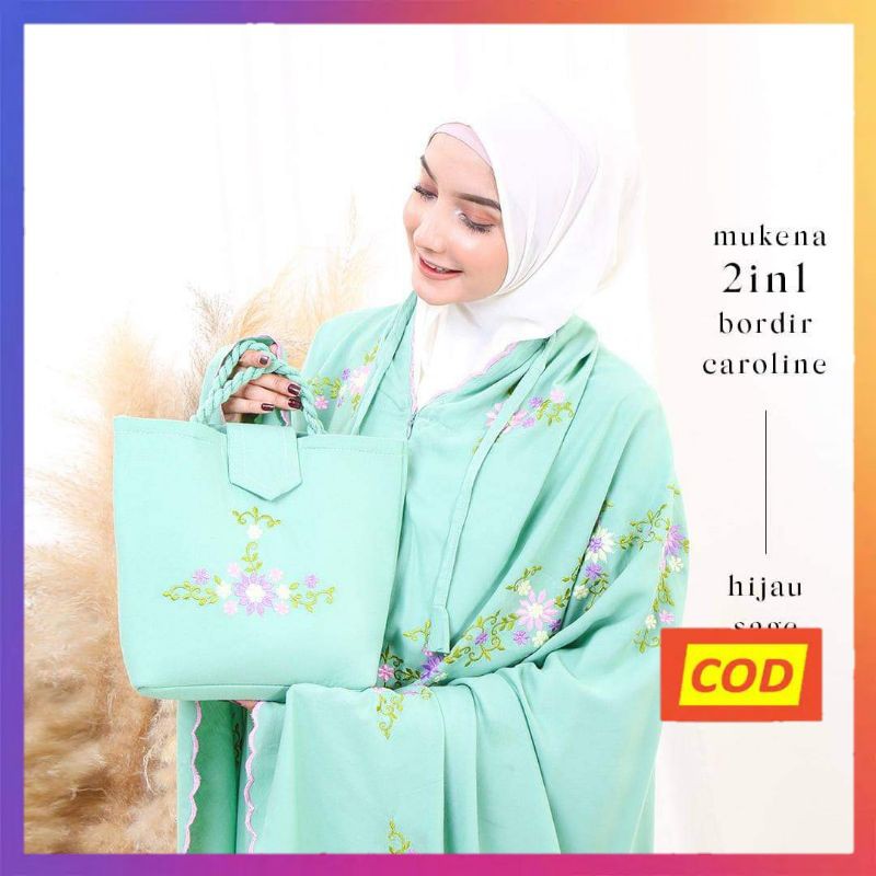 Raszi Official - Mukena Dewasa Jumbo 2in1 Katun Rayon Motif Bordir Warna Hijau Sage Free Tas Lilit