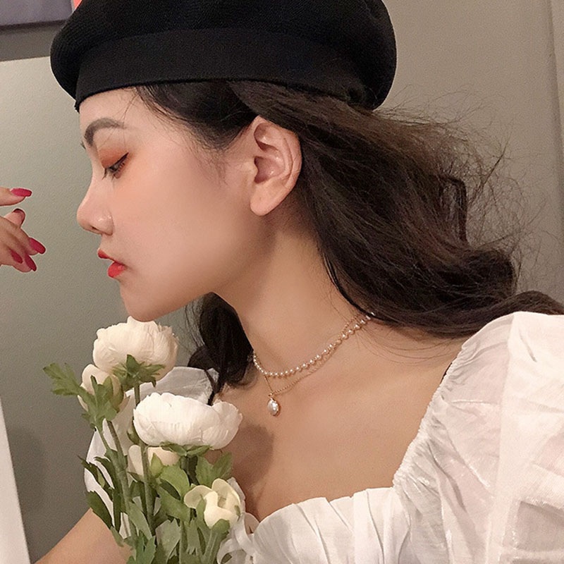 Kalung Rantai Klavikula Liontin Mutiara Ganda Warna Silver Untuk Wanita