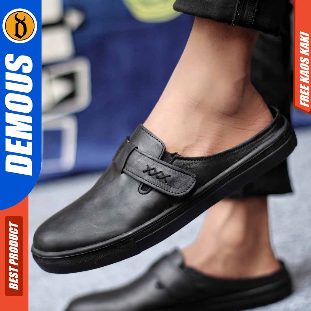 DEMOUS ZLOP Sepatu Sandal Kulit Bustong/Tutong Hitam Pria