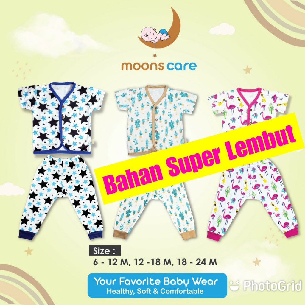 SML MOONS Stelan kancing Campur Premium | Setelan Baju Pendek Celana Panjang Piyama Bayi moon's baju