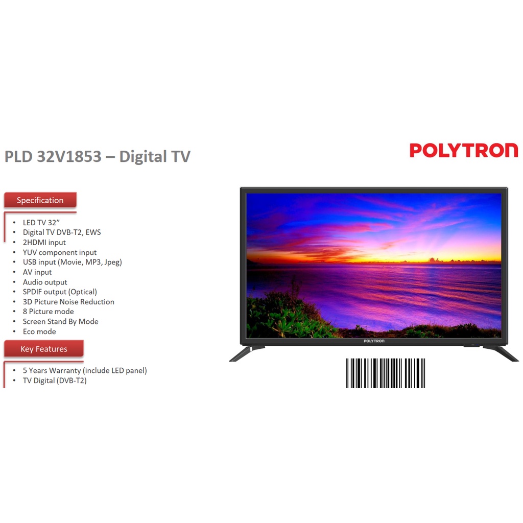 POLYTRON PLD 32 V 1853 DVB T2 DIGITAL TV LED 32 IN + USB MOVIE / PLD32V1853