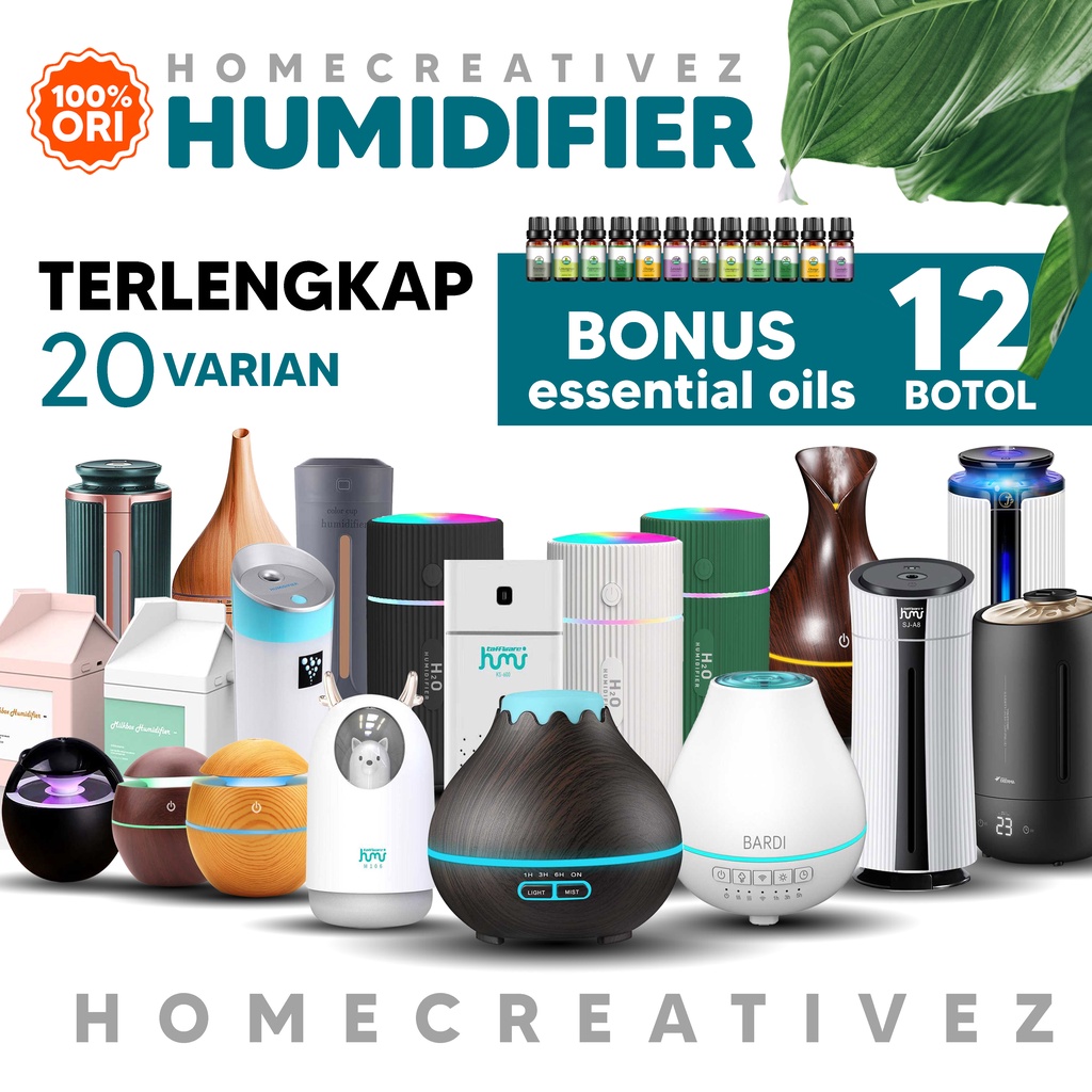 HOME CREATIVE 100% Original Humidifier Diffuser Warna RGB Purefier Pelembab Udara Humidifier Ruangan Filter Ruangan Pengharum Ruangan Diffuser Bonus 12 Botol Esensial Oil Pure 100% Termurah