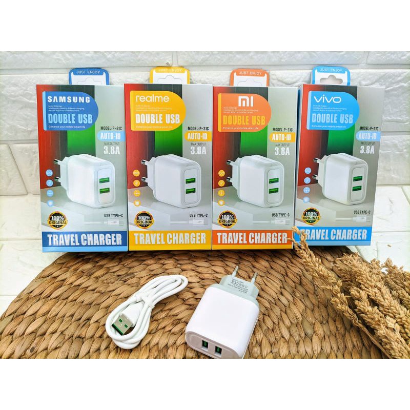 CHARGER P-31C SAMSUNG REALME XIAOMI VIVO FAST CHARGING TYPE C 2 USB