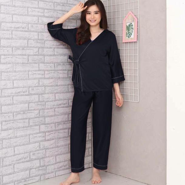 Piyama polos baju tidur wanita kimono Bahan Katun Jepang/Dingin Murah - Hitam