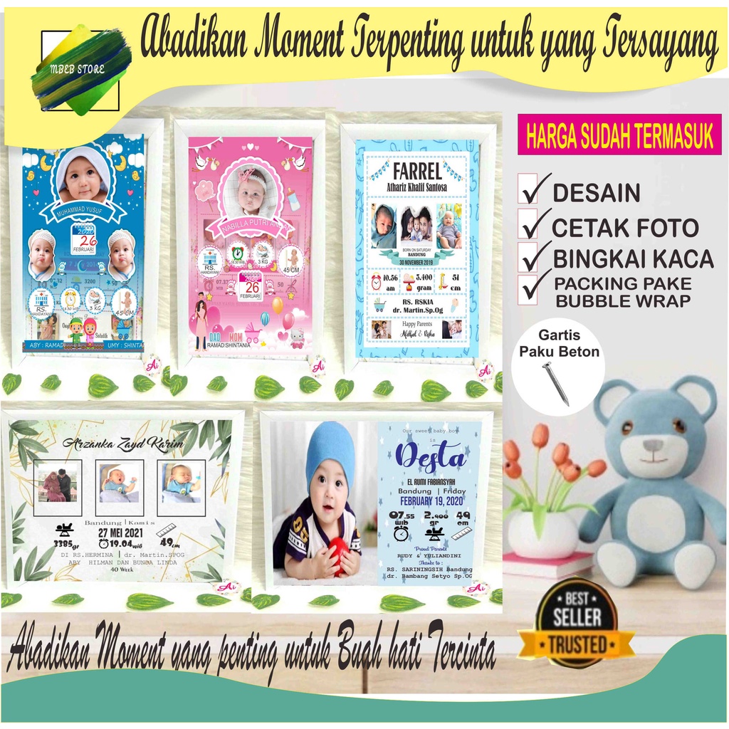 Kado Paket Bingkai Pigura Cetak Foto Hiasan Dinding Biodata Bayi Frame kaca