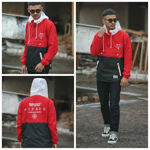 Jaket Pria WindBreaker Merah Putih Cagoule