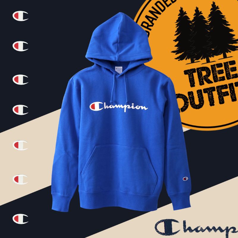 hoodie champion script logo japan BIRU