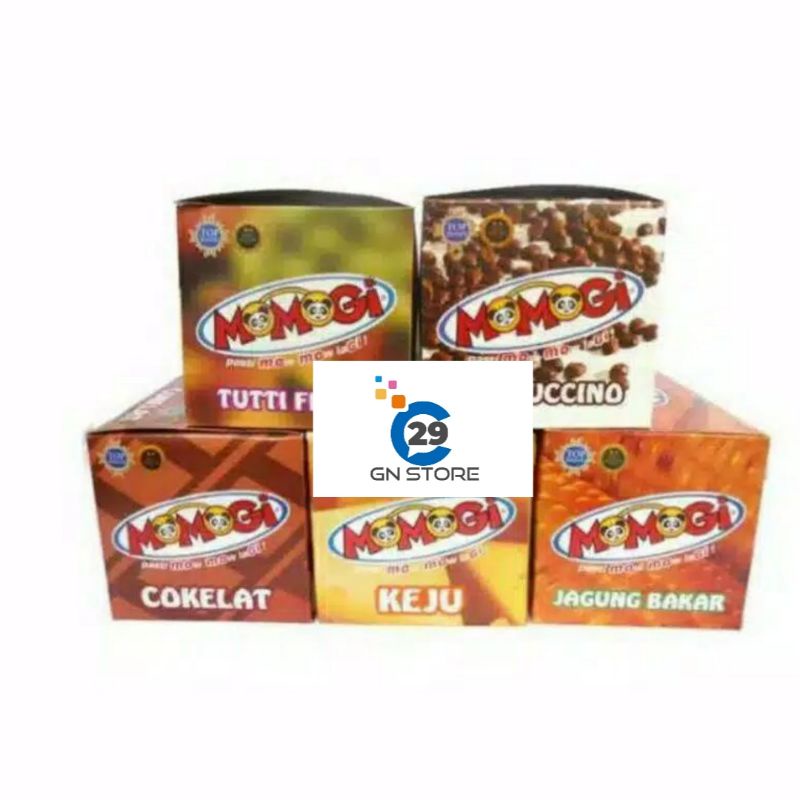 

Momogi Jagung Bakar / Cokelat / Cappucino / Tutti Frutti 20 pcs x 8 gr Cemilan Stik MURAH 1 DUS