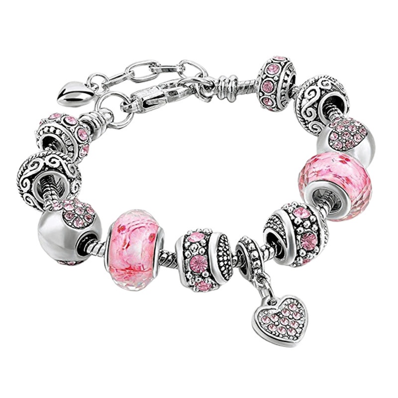 Pink Crystal Beads Butterfly Charm Bracelet For Women DIY Jewelry Silver Plated Snack Chain Bracelets For Girls Gift