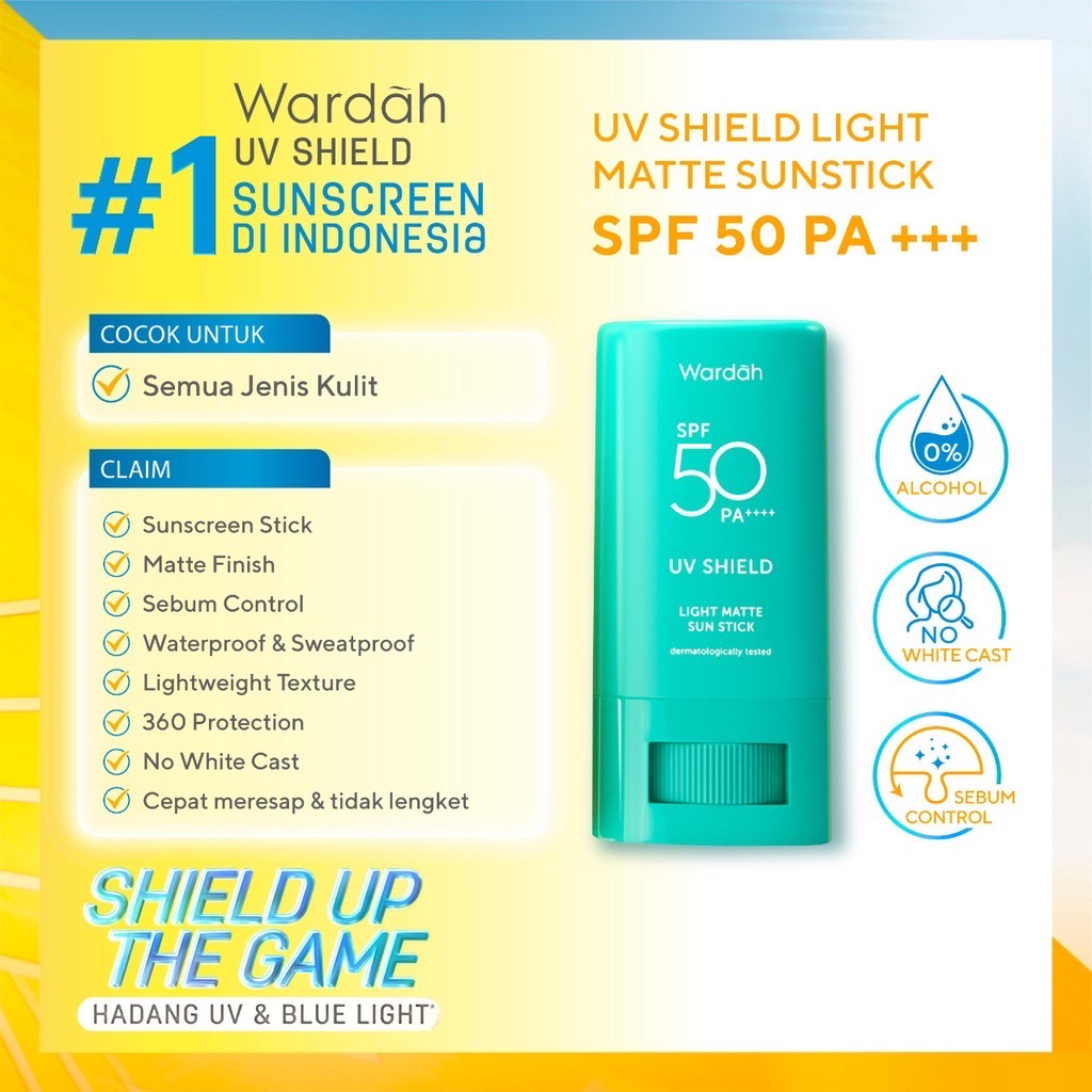 WARDAH UV Shield Light Matte Sun Stick SPF 50 PA++++ Indonesia / Sunblock Wajah 22g / Sunscreen Care Sunblock Tabir Surya UVA UVB Blue Light Protection Protector Protect Pelindung Sinar Matahari Kulit Tubuh / Gel Serum Cream Lotion / Skincare Face Series