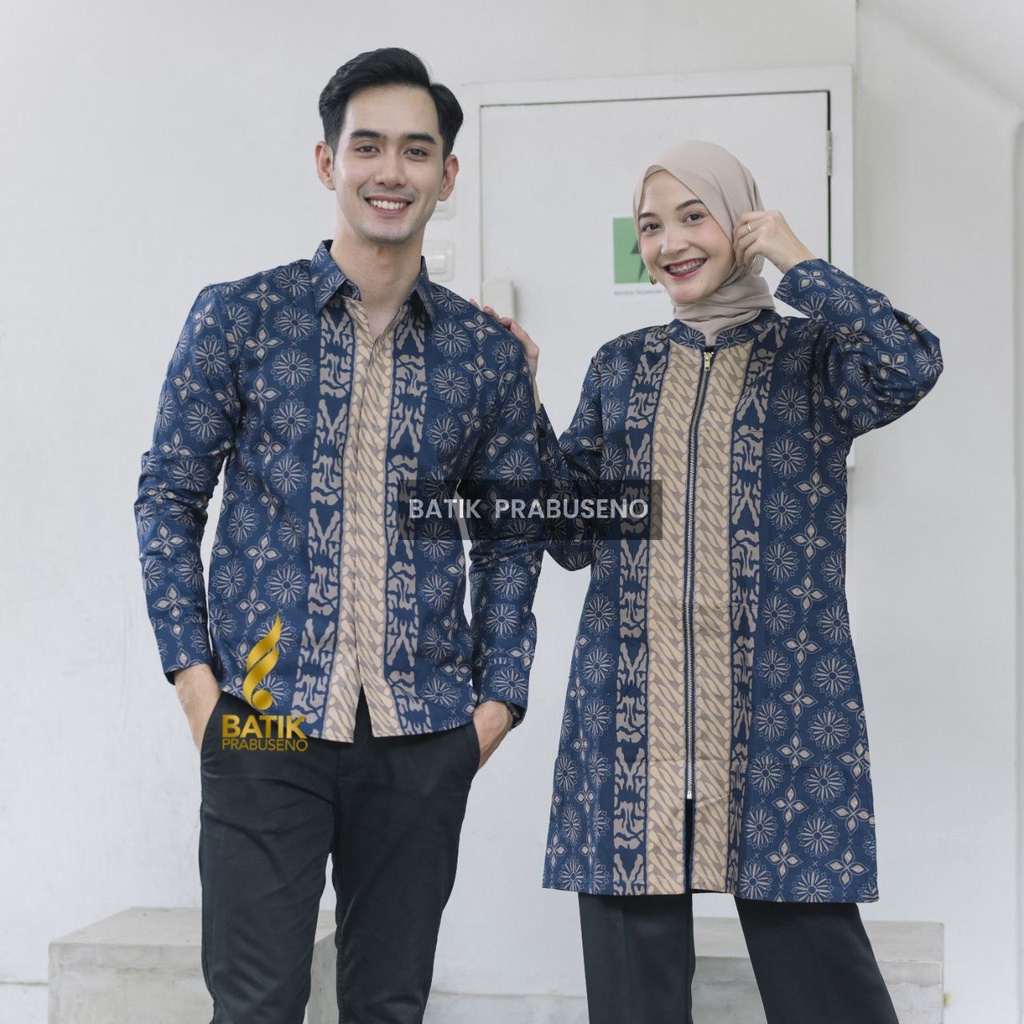 Batik Prabuseno Motif Hanum Navy Batik Couple Pria Dan Wanita Sarimbit Busui Friendly Full Furing Tr