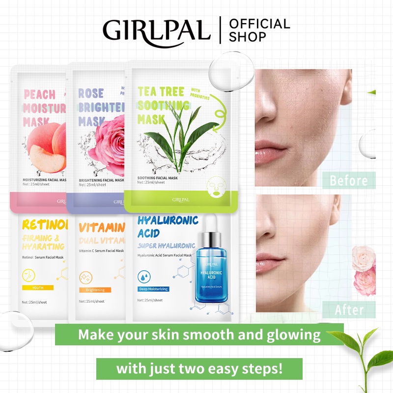 GIRLPAL Brighting Facial Mask Rose/Moristurizing Peach/Smoothing Tea Tree/Vitamin C Serum/Retinol Serum/Hyaluronic Acid Serum Mask