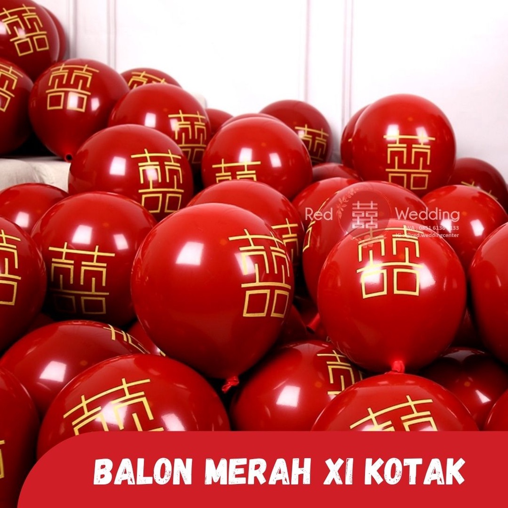 Balon Merah Wedding bahan TEBAL Motif huang Xi Kotak isi 10pcs