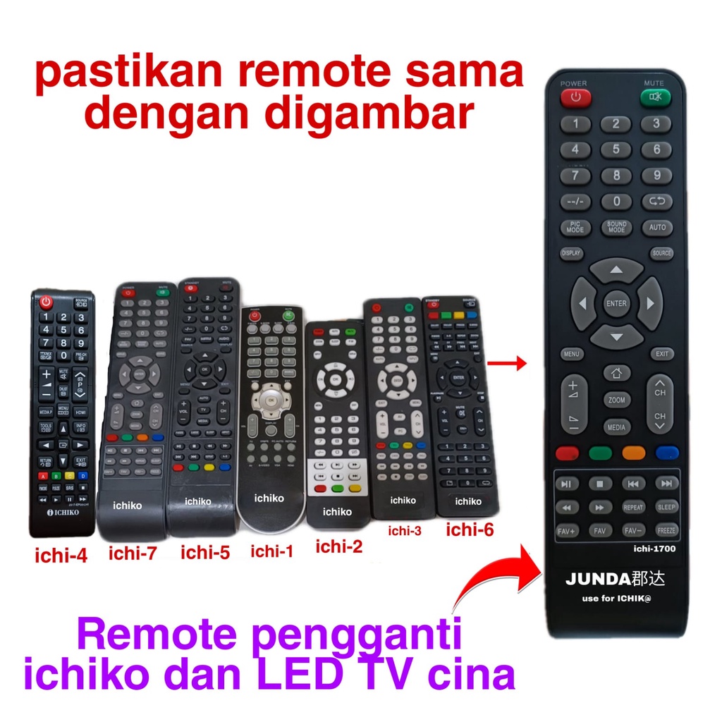 REMOTE LED TV CINA REMOTE TV LED ICHIKO JUNDA ICHI-1701 SEPERTI ORIGINAL