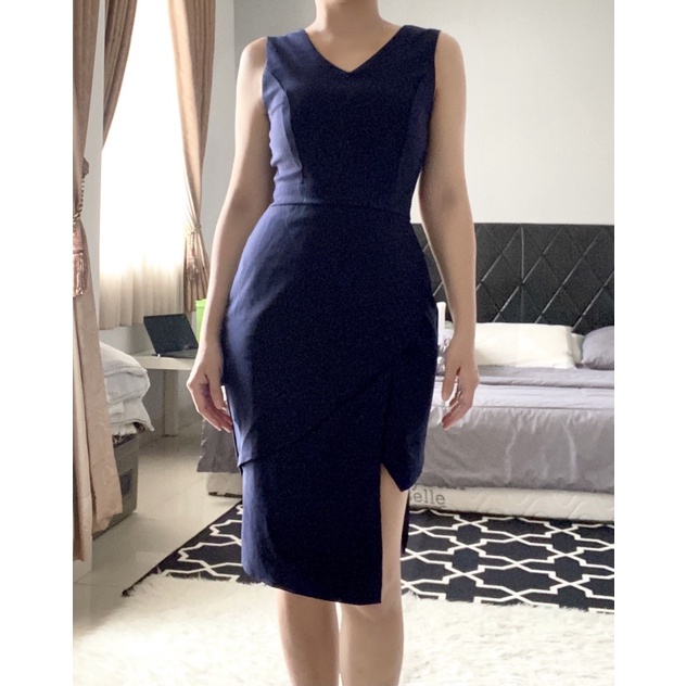 Navy Midi Dress / Gaun Pesta Slit Sexy / Vneck Dark Blue Dress / Dress Biru