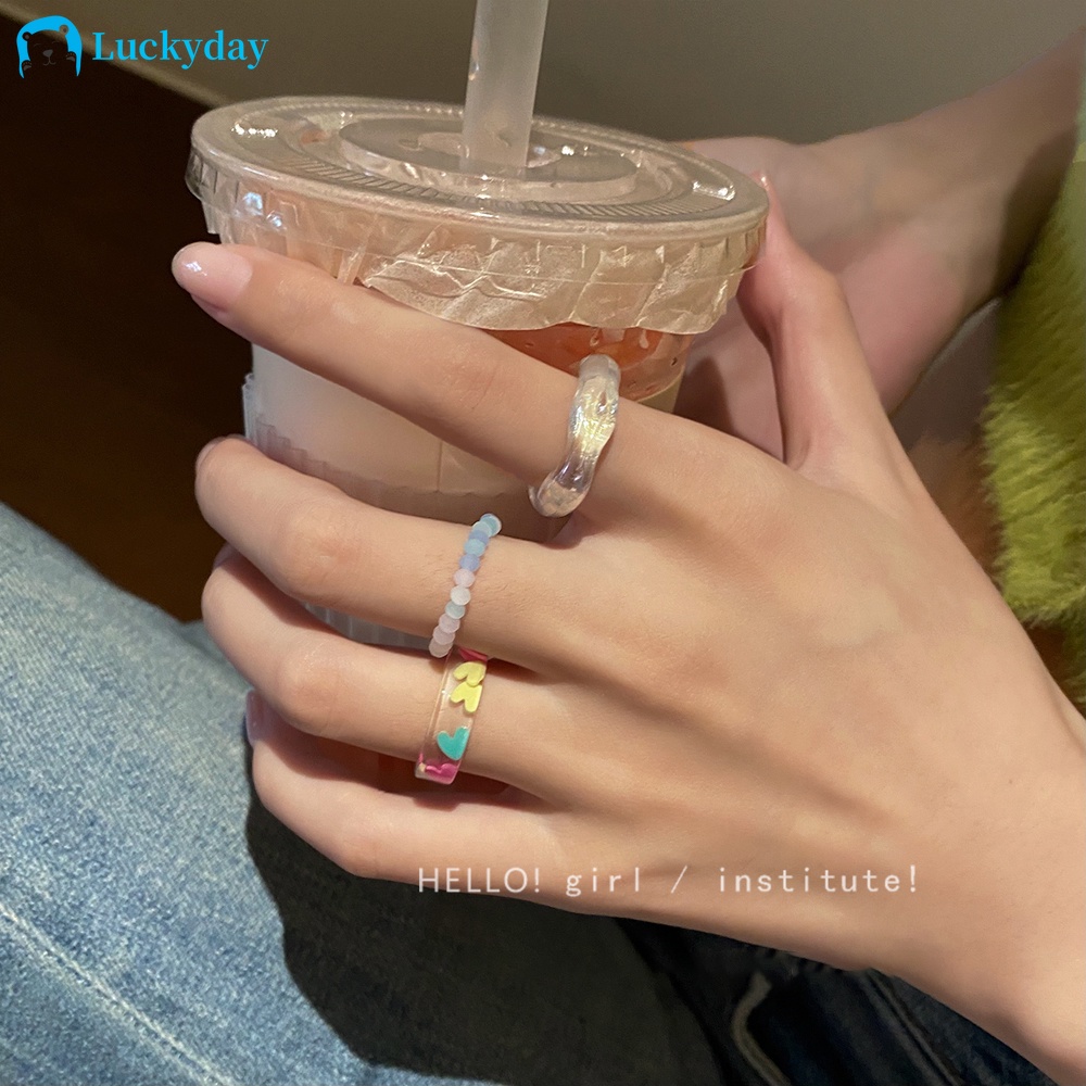 YEEZII 3pcs / Set Cincin Manik-Manik Mutiara Resin Akrilik Bentuk Hati Warna-Warni Untuk Wanita