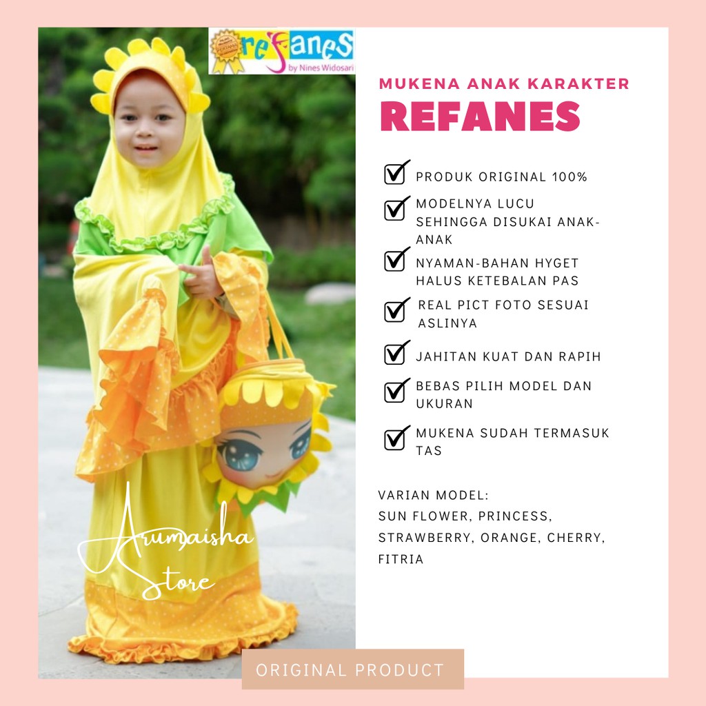 REFANES Mukena Anak Kecil Perempuan Karakter Lucu Mukenah Tas Cewek Bayi Balita TK SD Umur 2 3 4 5 7