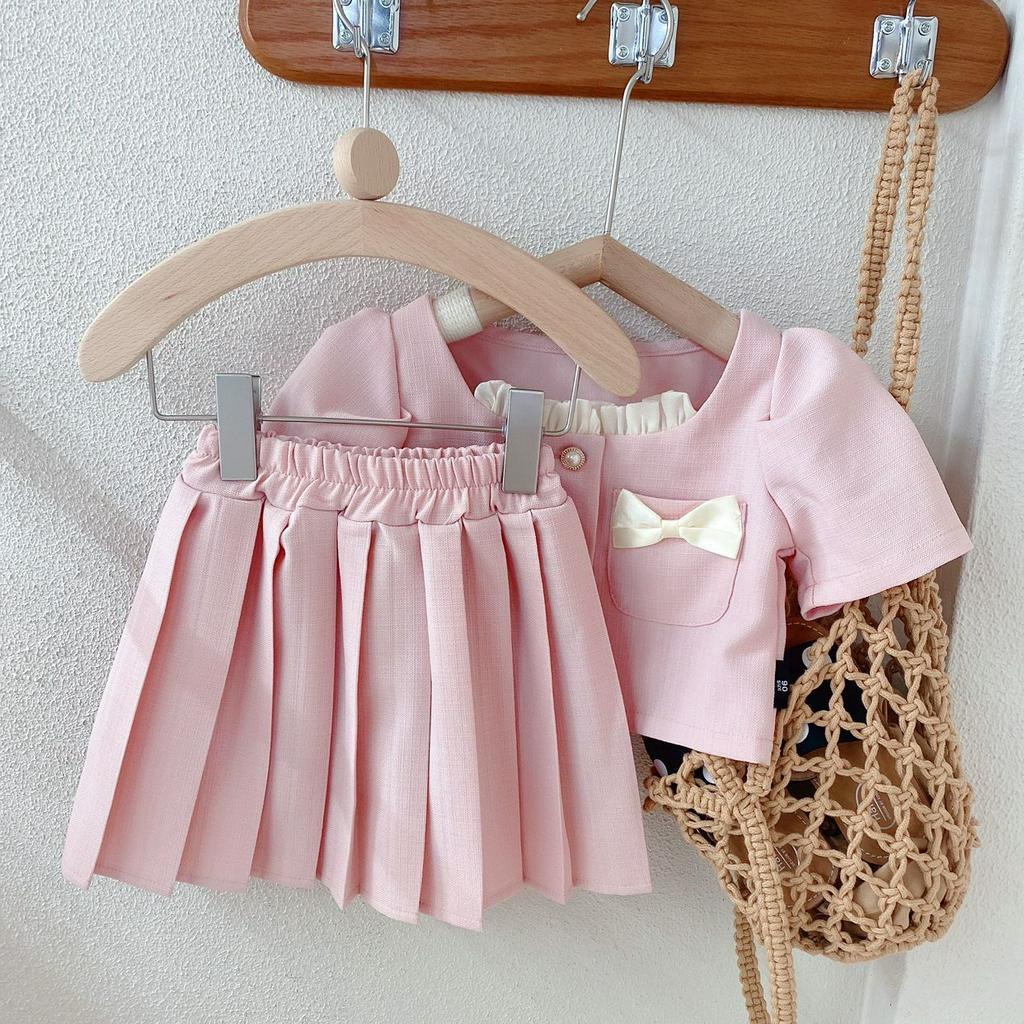 Setelan Anak Perempuan Korean Style Pink Saku Pita+Rok Lipit