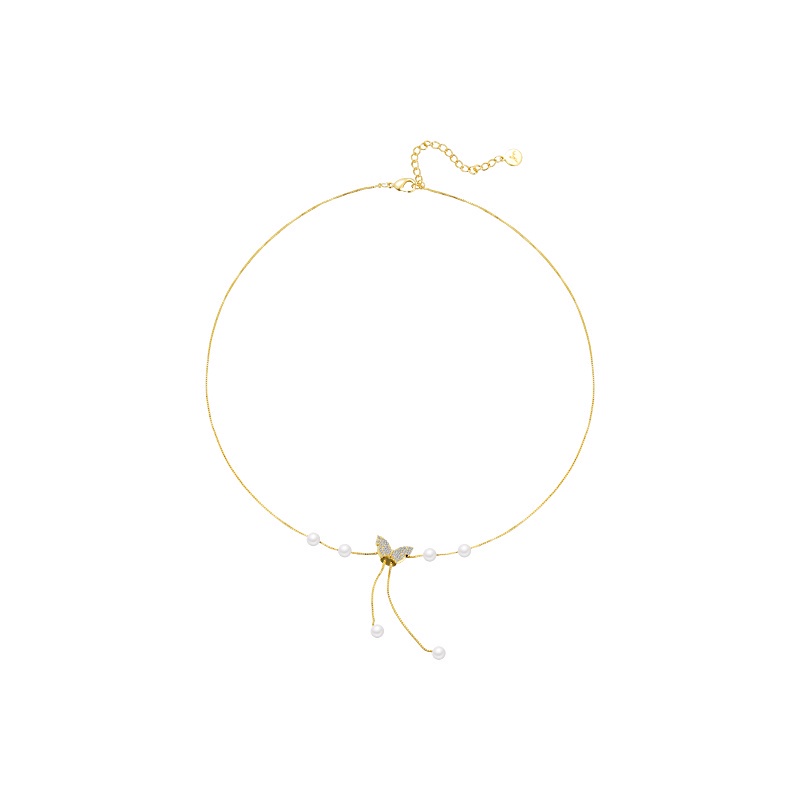 Kalung Choker Rantai Emas Liontin Kupu-Kupu Hias Mutiara Gaya Korea Untuk Wanita