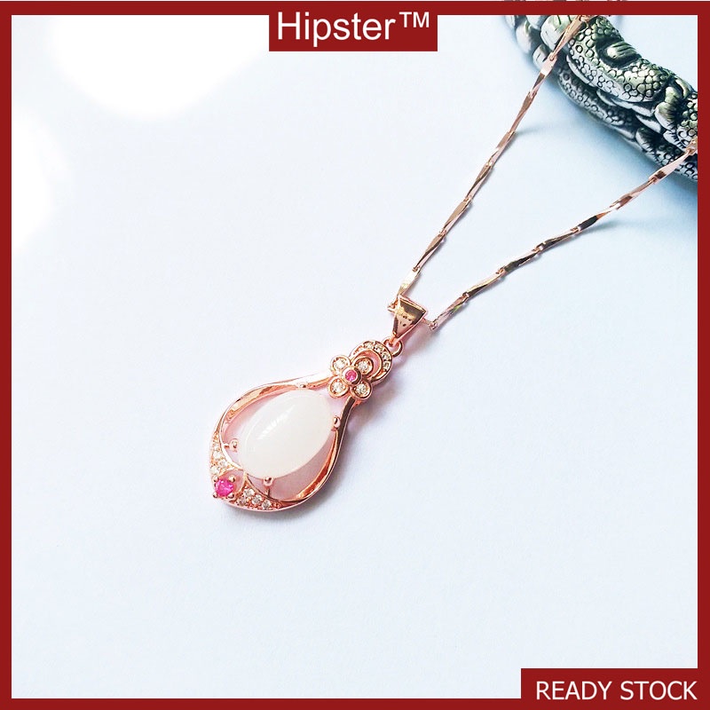 Fashion Classic Hot Sale 18K Rose Gold Full Diamond Pink Jade Pendant Elegant Necklace