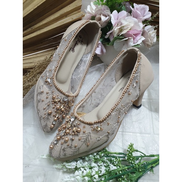 sepatu wanita wedding sasmita cream gold 5cm lncip