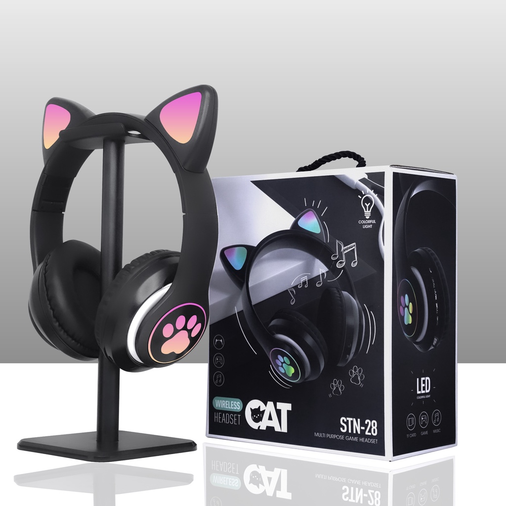 Headphone B39 STN28 Kucing Karakter LED Color Headset Gaming Bluetooth Wireless Game Headset Cat Ear LED Bando anak Perempuan Cewek Wanita Headset Led RGB Headset Komputer Headphone Laptop