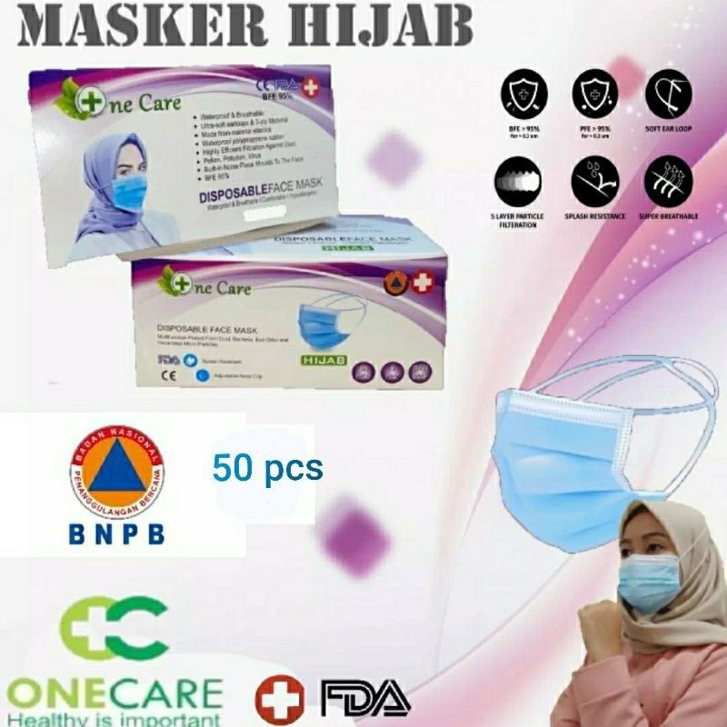 Masker Hijab 3ply 1 box isi 50pcs Warna Biru