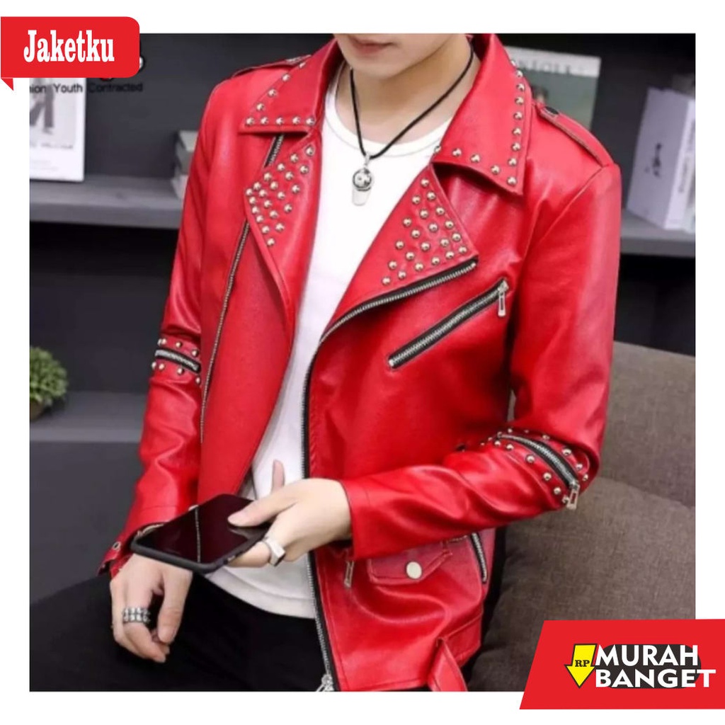 jaket Kulit pria terkeren- jaket rock  n roll KULIT PU RAMONES LENGAN PANJANG