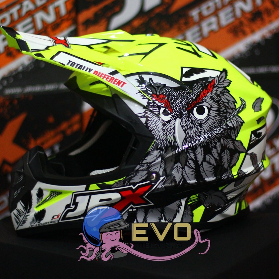 HELM JPX CROSS_FOX1 SERI X13 - FLUO YELLOW GLOSS + GOOGLE SNAIL (ONGKIR 2 KG) JPX X13 MOTIF OWL HELM JPX BURUNG HANTU HELM CROSS YELLOW JPX STABILO