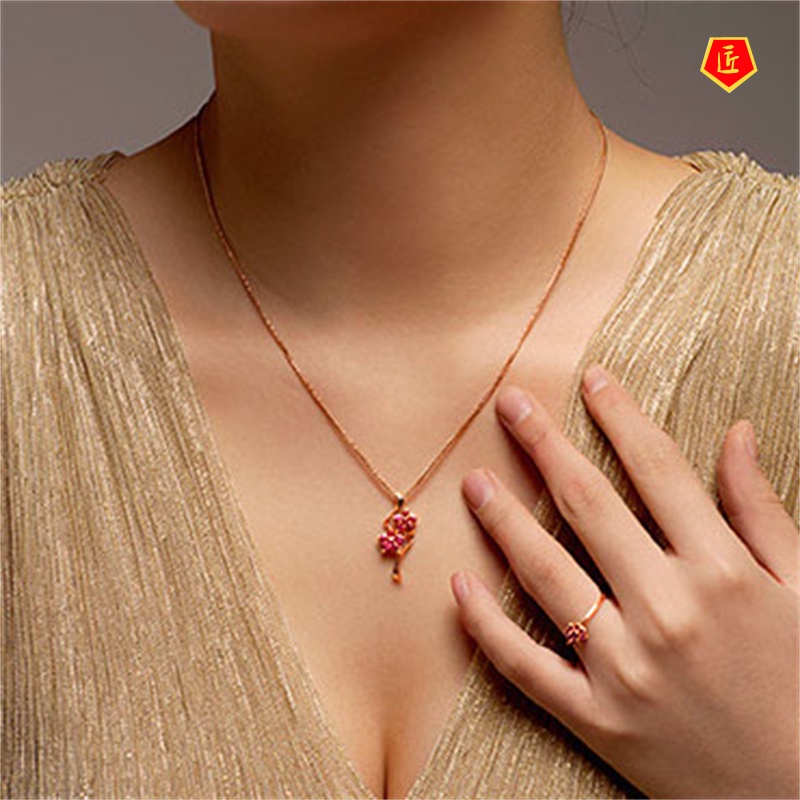 [Ready Stock]Ruby Flower Pendant 18K Rose Gold Elegant Fashion