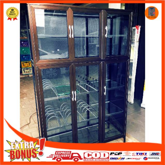 Lemari Rak Piring Dapur Full Aluminium Kotak Tebal Kaca Riben 3 mm Model 2 Pintu & 3 Pintu