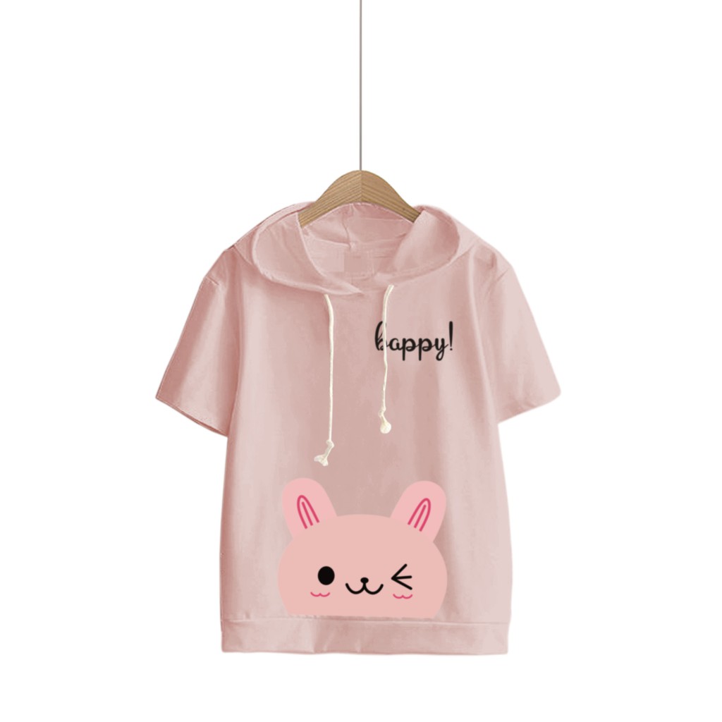 Bess - Sweater Hoodie Crop Lengan Pendek HAPPY CAT