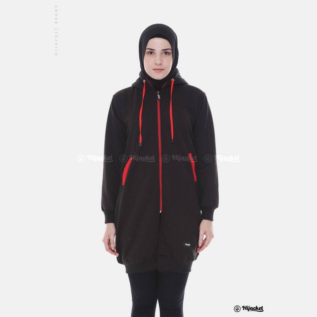 Hijacket Basic jaket hijab wanita Muslim Syari panjang polos tebal (COD bayar di rumah)-HJ21 Black x red