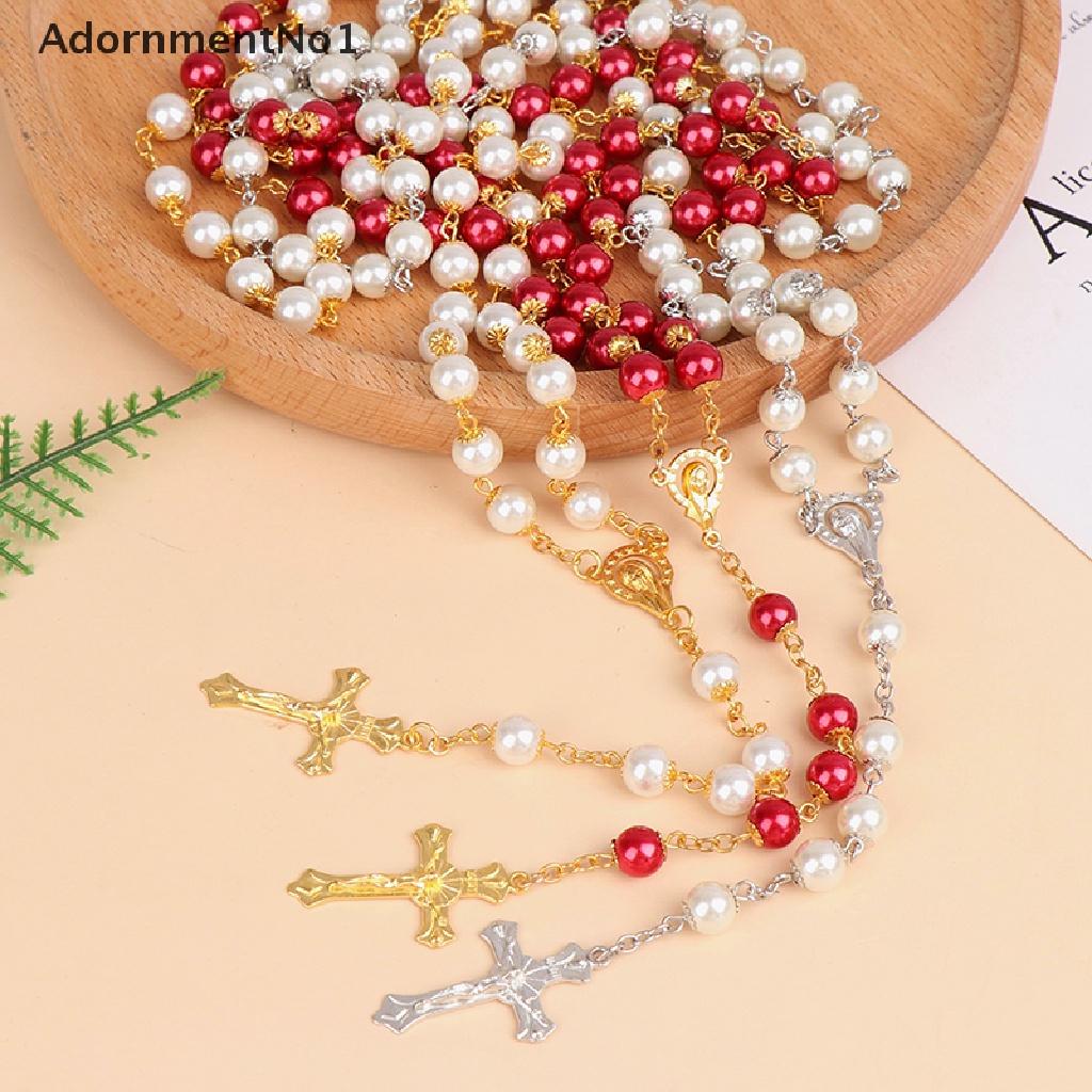 (AdornmentNo1) Kalung Rosario Katolik Rantai Panjang Dengan Liontin Salib Yesus + Mutiara