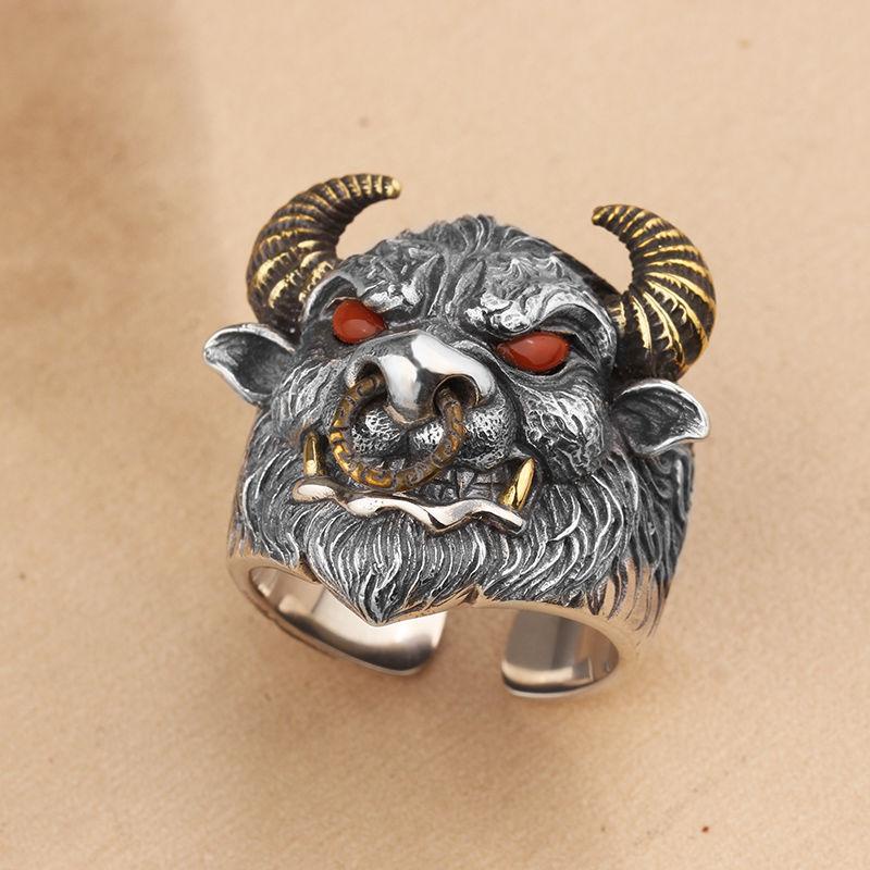 Cincin Bentuk Kepala Banteng Gaya Punk Goth Adjustable Untuk Pria