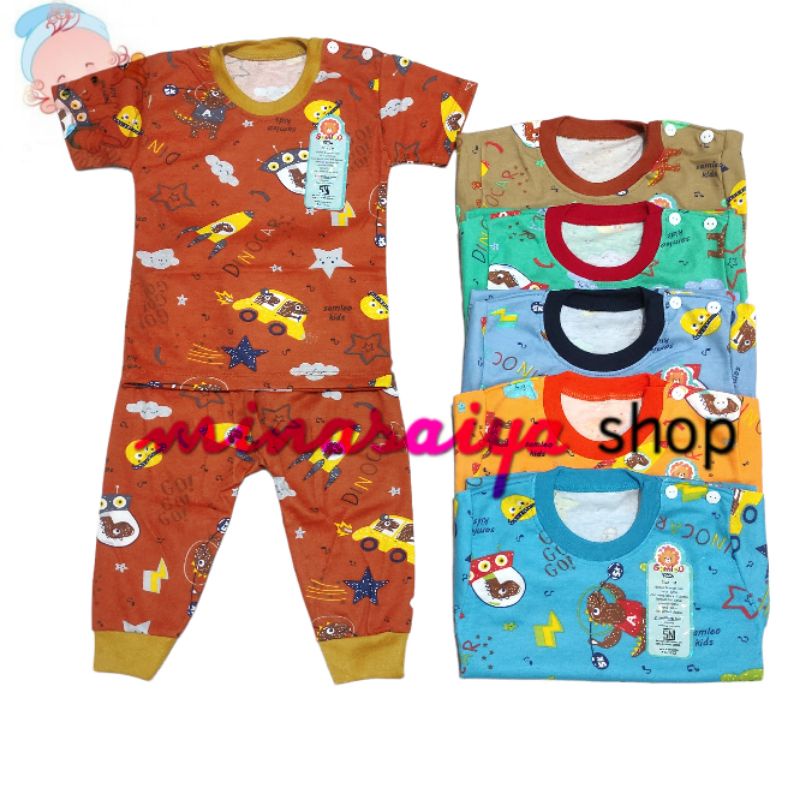 SAMLEO Setelan Bayi SNI Lengan Pendek Celana Panjang Print Warna Kancing Pundak Uk. M - XL