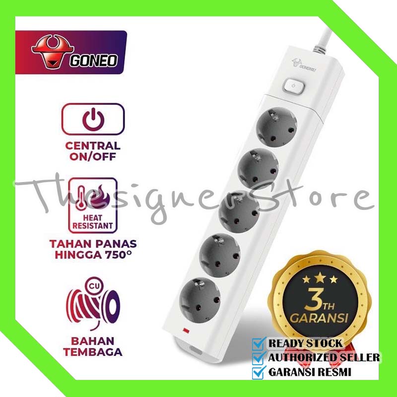 Stop Kontak Central On/Off Power Strip 5 Lubang Colokan GONEO Gongniu G1050 Tahan Panas Panjang Kabel 5 / 3 /1.5 Meter - Garansi Resmi 3 Tahun