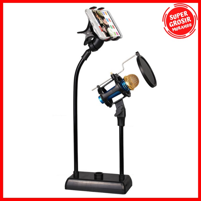 Stand Mic Flexible dan Lazypod Smartphone Holder dengen Pop Filter