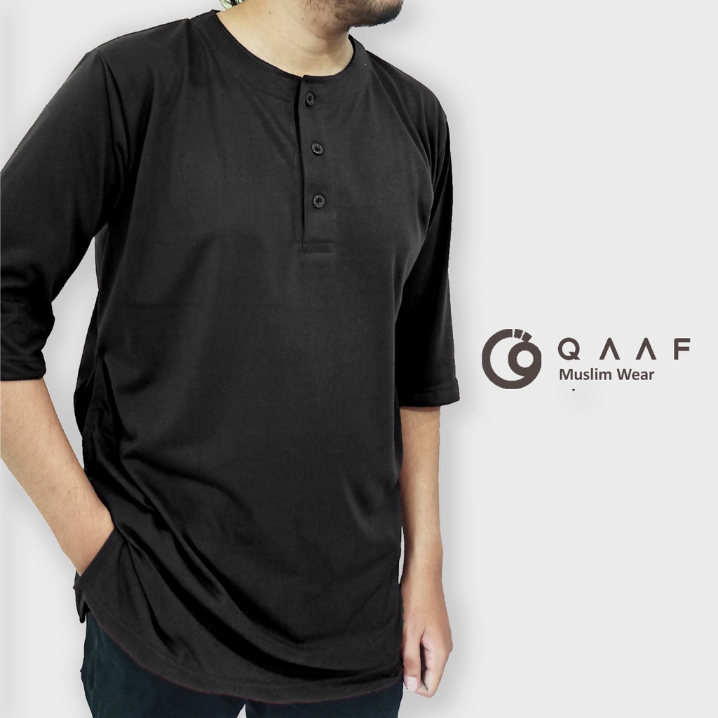 Kurta Pria Hitam Lengan Pendek Bahan Kaos 3/4 Polos Koko Muslim Modern Ada Size Jumbo XXL