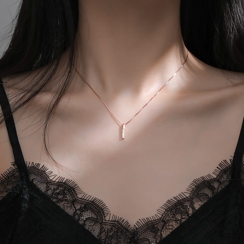 AZ017 Kalung Bandul Berlian Desain Vertikal Warna Silver/Rose Gold Kalung Anti Karat Murah Necklace Jewelry Gift Aksesoris Wanita