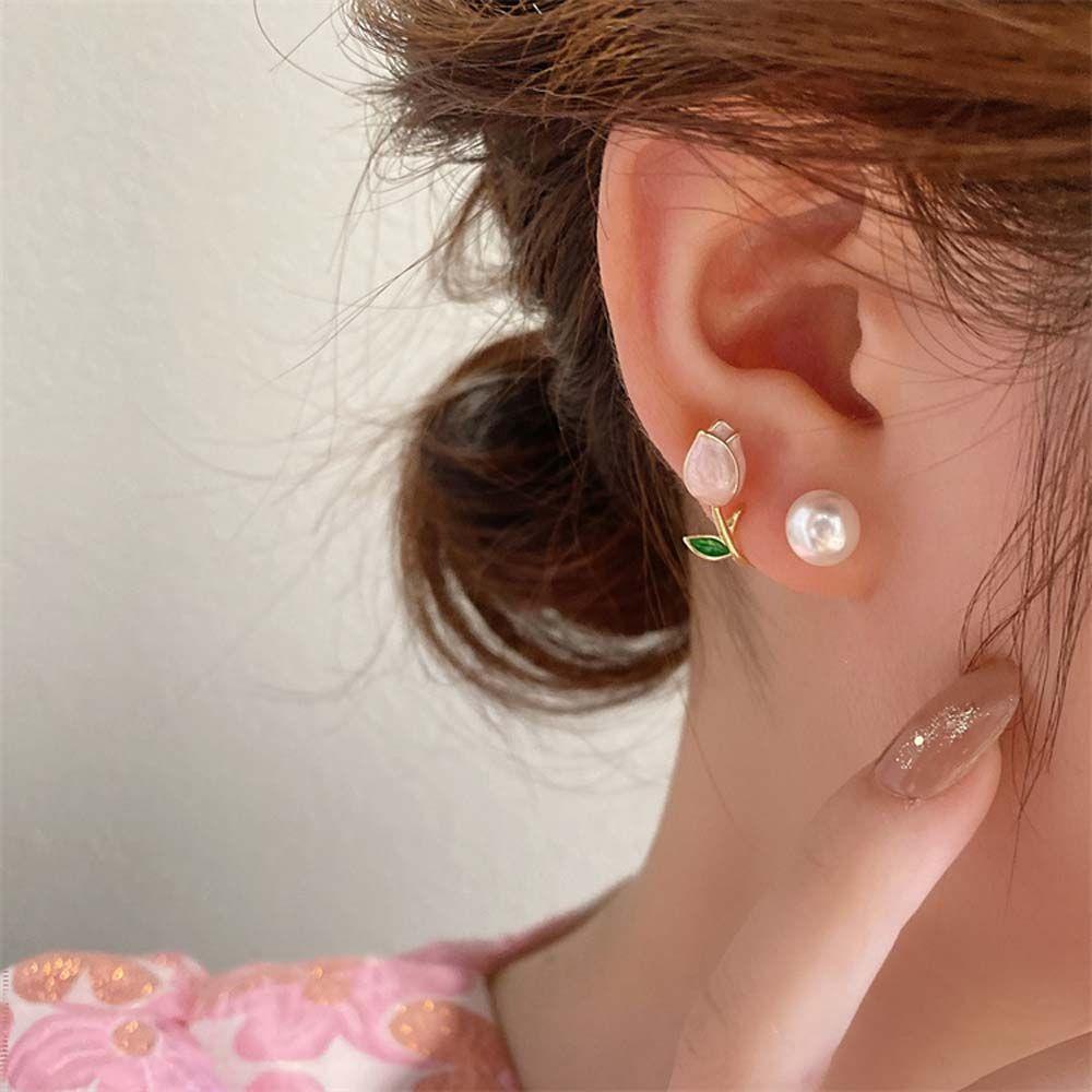 Needway Bunga Ear Studs Elegan Gaya Korea Gadis Hadiah Perhiasan Aksesoris Mutiara Imitasi Wanita Pearl Studs