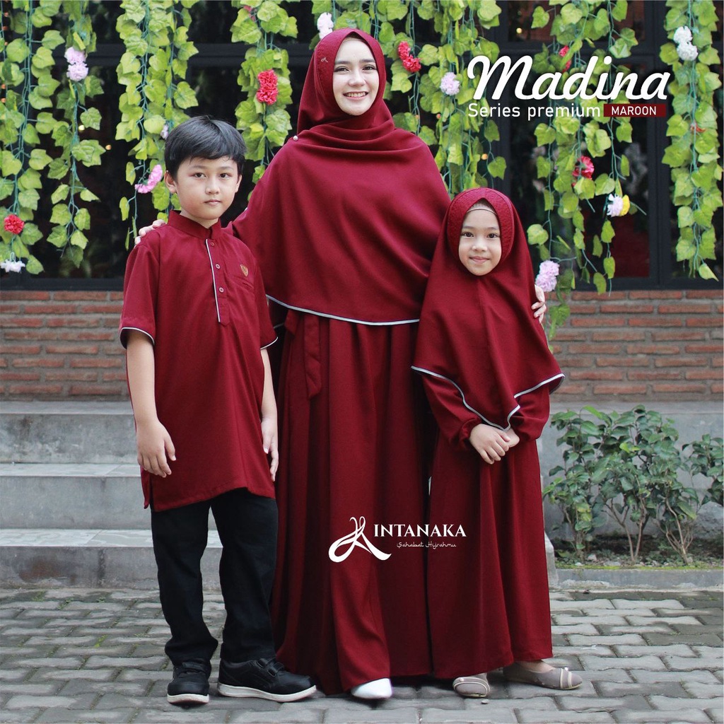 TERMURAH COUPLE KELUARGA MADINA SYARI SERIES MAROON BY INTANAKA GAMIS KOKO IBU ANAK BAPAK SARIMBIT
