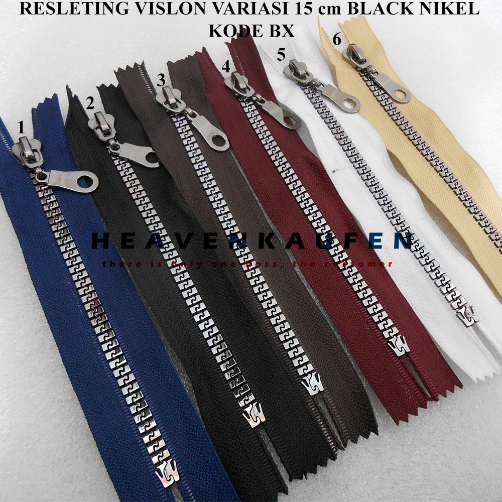 Resleting Zipper 15 cm Vislon Variasi Black Nikel Kode BX Untuk Resleting Celana Saku Rok Dll Warna